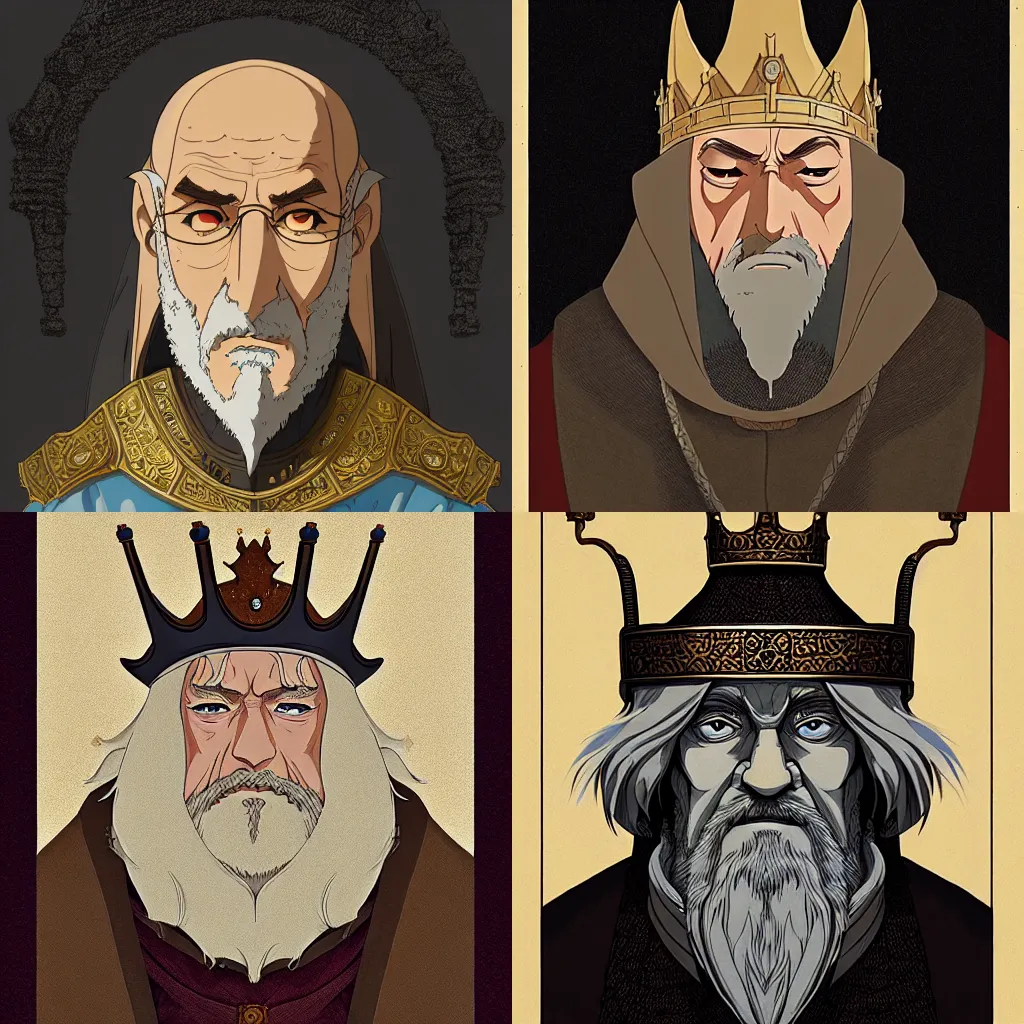 Prompt: portrait of a medieval old king, elegant, highly detailed, smooth, art by studio ghibli!! and fujita goro and tom whalen, artstation, 8 k