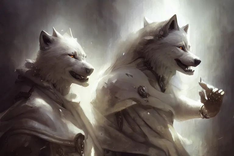 Prompt: white wolves painted by Bastien Lecouffe-Deharme and Cedric Peyravernay, trending on artstation, Frank Frazetta, 4k, 8k, HD