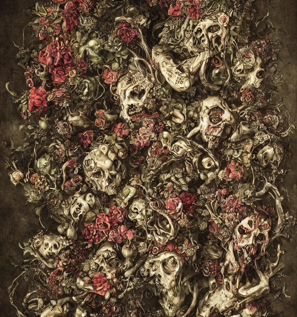 Prompt: zombie, punk, male, fruit and flowers, botanical, vanitas, sculptural, baroque, rococo, intricate detail, spiral, ornamental, decomposing