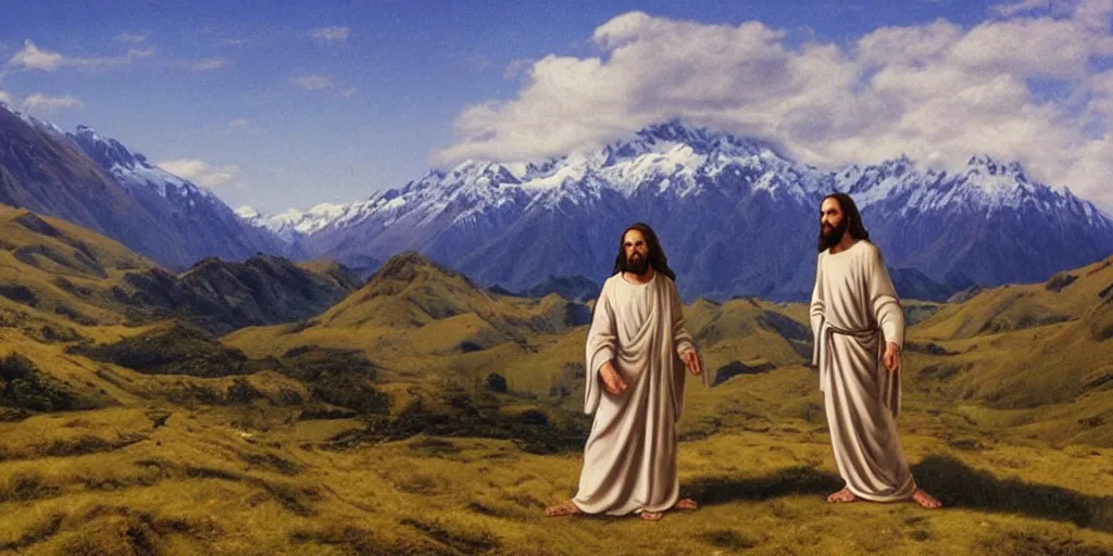 Image similar to jesus in beautiful new zealand landscape