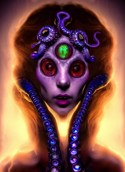 Prompt: A full shot of a cute magical monster girl wearing a dress made of opals and tentacles. Creepy Pasta. F1.4. Symmetrical. Dark Smoke and VFX. Not Human. Subsurface Scattering. Caustics. Prismatic light. defined facial features, symmetrical facial features. Opalescent surface. Soft Lighting. beautiful lighting. By Giger and Ruan Jia and Artgerm and WLOP and William-Adolphe Bouguereau and Loish and Lisa Frank. trending on artstation, featured on pixiv, award winning, sharp, details, intricate details, realistic, Hyper-detailed, HD, HDR, 4K, 8K.