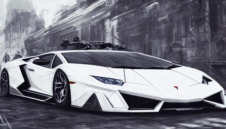 Image similar to concept art of white rollcage lamborghini, hyperdetailed, artstation, cgsociety, 8 k