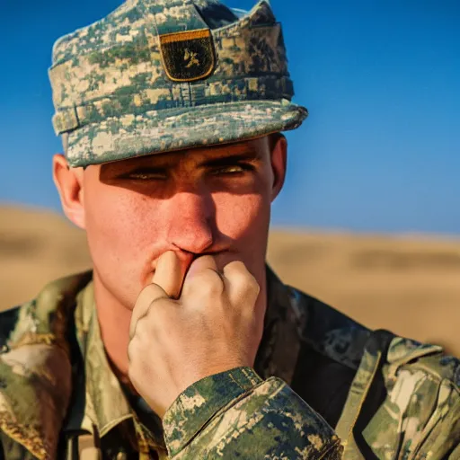 Image similar to portrait of a soldier sitting in the desert eating some crayons, beautiful composition, 5 0 mm f 1. 8, ambient light