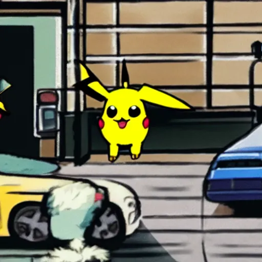 Prompt: CCTV footage of pikachu buying drugs from a random dude in a hoodie in an alley