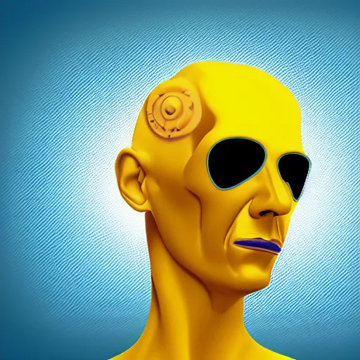 Image similar to human man that resembles a wasp morh in surreal sketch style, blue and yellow gradient, noise, ultrafine detail, hd 8k, logo illustration