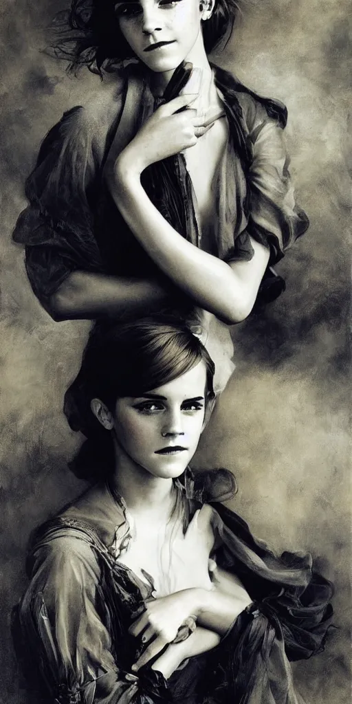 Image similar to emma watson detailed portrait hands painting by gaston bussiere craig mullins j. c. leyendecker photograph by richard avedon peter lindbergh annie leibovitz