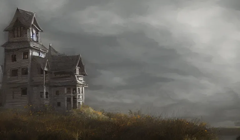 Prompt: A serene landscape with a singular building in the style of dark fantasy