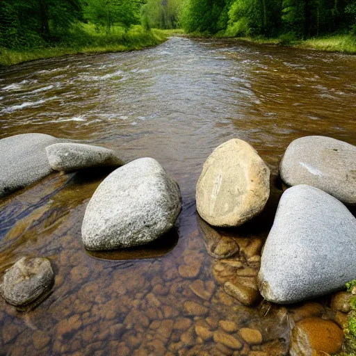 Image similar to detailed footage of european hunger stones in a river, photographic journalism, realistic, european river, 1 6 1 6 writing