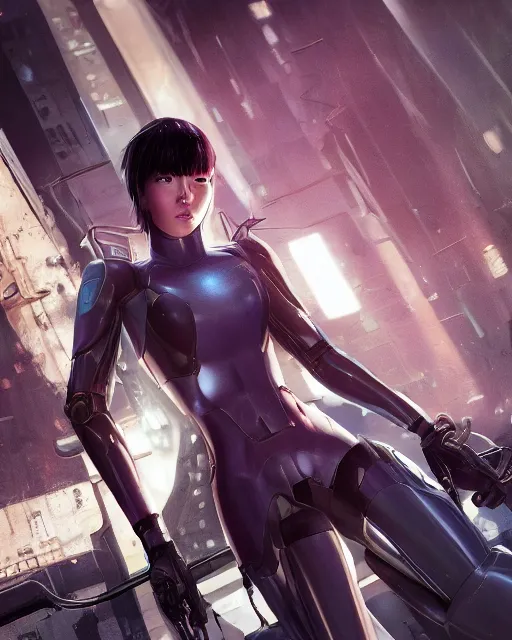 Image similar to weta disney pixar movie still portrait photo of motoko kusanagi ghost in the shell : : as cyborg woman by pixar : : by weta, wlop, ilya kuvshinov, rossdraws, artgerm, marvel, maxim cover, latex, octane render, sweaty, iridescent, bright morning, anime, liosh, mucha : :