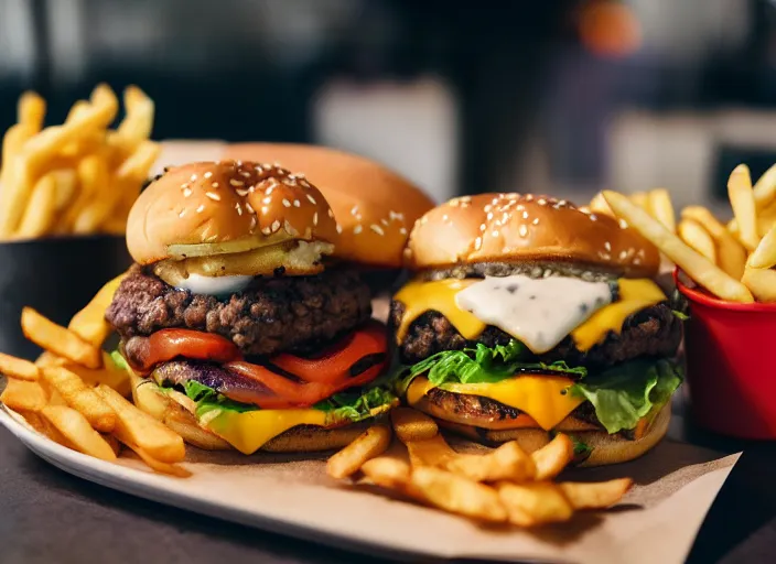 Image similar to dslr food photograph of a double cheeseburger and fries, 8 5 mm f 1. 8