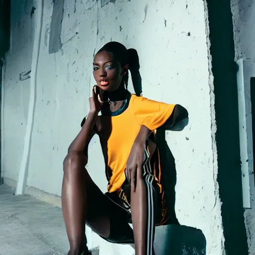 Image similar to realistic photoshooting for a new adidas lookbook, color film photography, portrait of a beautiful blonde woman, in style of Nadine Ijewere, Myles S. Golden, David Uzochukwu, Davey Adesida, Joshua Woods, Abdourahman Njie 35mm, film photo