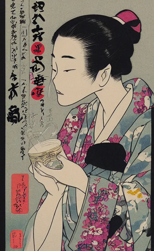 Prompt: by akio watanabe, manga art, girl is drinking sake and look outside of window, trading card front, kimono, realistic anatomy, sun in the background