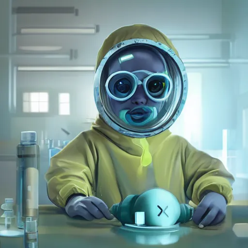 Image similar to A cute baby scientist wearing hazmat suit in the lab, biohazard, detailed eyes, award winning art by beeple