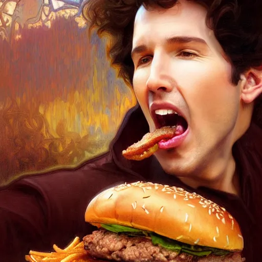 Prompt: painted portrait of ( joel osteen ) biting and eating giant hamburgers, mature, handsome, fantasy, intricate, elegant, highly detailed, digital painting, artstation, concept art, sharp focus, illustration, illumination, holy ethereal light, art by gaston bussiere and alphonse mucha
