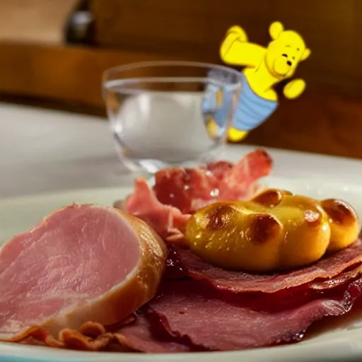 Image similar to close up of winnie the pooh with a plate of sausage and bacon and ham hock, cinematographic shot, cartoon