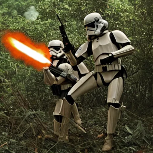 Image similar to star wars clone troopers combat soldiers in vietnam, photo, old picture, lush landscape, jungle, firearms, explosions, helicopters, aerial combat, active battle zone, flamethrower, air support, jedi, land mines, gunfire, violent, star destroyers, star wars lasers, sci - fi, jetpacks, agent orange, bomber planes, smoke, trench warfare