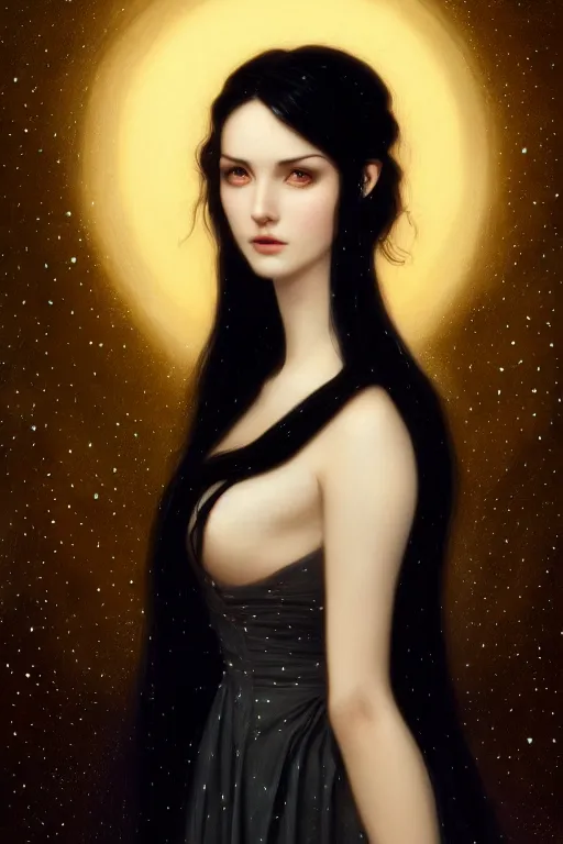 Image similar to Nocturne, glowing, stars, a long-legged elegant young princess, long black hair, pearl amulet, highly detailed, mysterious, ethereal, dressed in black velvet, haute couture, illustration, dramatic lighting, soft details, painting, by Edmund Blair Leighton, Brom, Charlie Bowater, trending on artstation, faces by otto schmidt