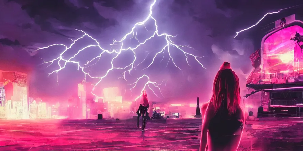 Image similar to Lightning storm while lady rapper performs on stage, digital art, vapor wave, hip hop, blade runner, trending on Artstation, professional artist, detailed, 4k