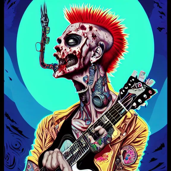 Image similar to a zombie punk rocker with a mohawk playing electric guitar, tristan eaton, victo ngai, artgerm, rhads, ross draws