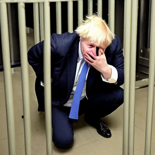 Image similar to Boris Johnson crying on his knees in a jail cell