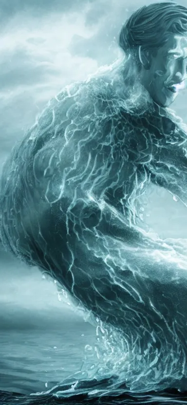 Image similar to colossus made of water, made of liquid, rising up from ocean, water armor, high detail, high contrast, close up portrait, studio lighting, stormy seas, beautiful, bokeh, snowy, storm clouds, god rays, d & d, fantasy, elegant, aquamarine color palette, concept art, roger deakins and greg rutkowski and alphonse mucha