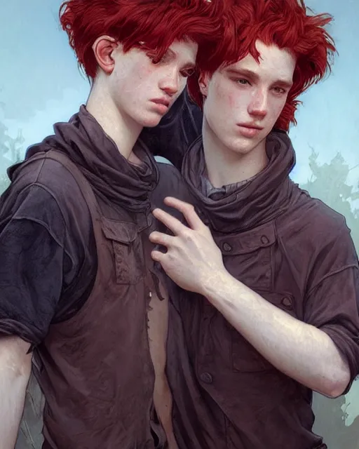 Image similar to portrait of 1 9 - year - old male twins with red hair and freckles, two male, wearing shirts, hyper realistic face, beautiful eyes, fantasy art, in the style of greg rutkowski, intricate, alphonse mucha, hyper detailed, smooth