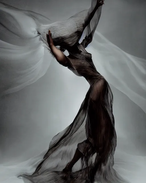 Prompt: mid shot render of an ethereal ghostlike figure fluid simulation in houdini dancing in dark smoke robes and silk veils by ilm, paolo roversi, nick knight, gill elvgren, beautiful futuristic simplified form distorted by turbulent movement, dark studio background, deep color, trending on artstation, hyperrealism, matte painting, dutch golden age, fine detail, cgsociety