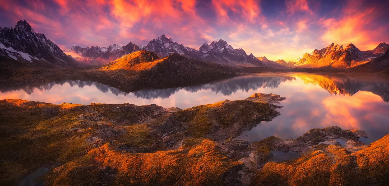 Image similar to amazing landscape photo of mountains with lake in sunset by marc adamus, beautiful dramatic lighting