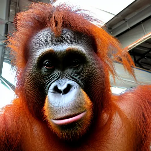 Image similar to orangutan selfie photograph, taken at walmart