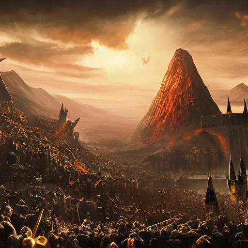 Image similar to harry potter taking a golden ring to mordor, mordor as a bustling city, extremely detailed, sharp focus, skyline, vast, gothic, lord of the rings, mount doom, 4 k, fantasy, concept art, gritty