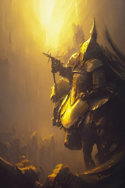 Image similar to A closeup of a yellow holy knight by Greg Rutkowski, Dan Mumford, Christophe Vacher, 4k photorealistic, volumetric lighting, HD, high details, dramatic, trending on artstation