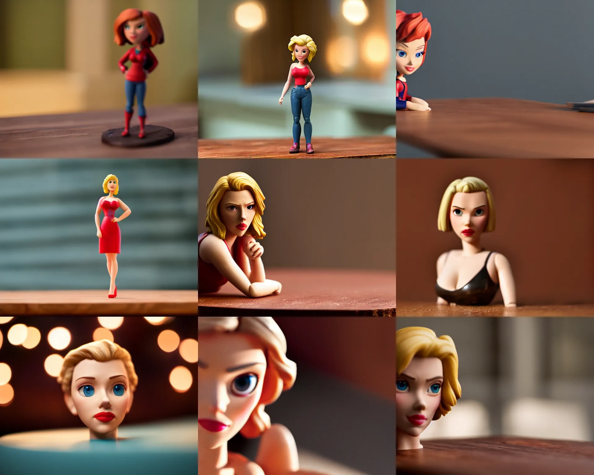 Prompt: scarlett johansson figurine by pixar sad bokeh on wooden table.