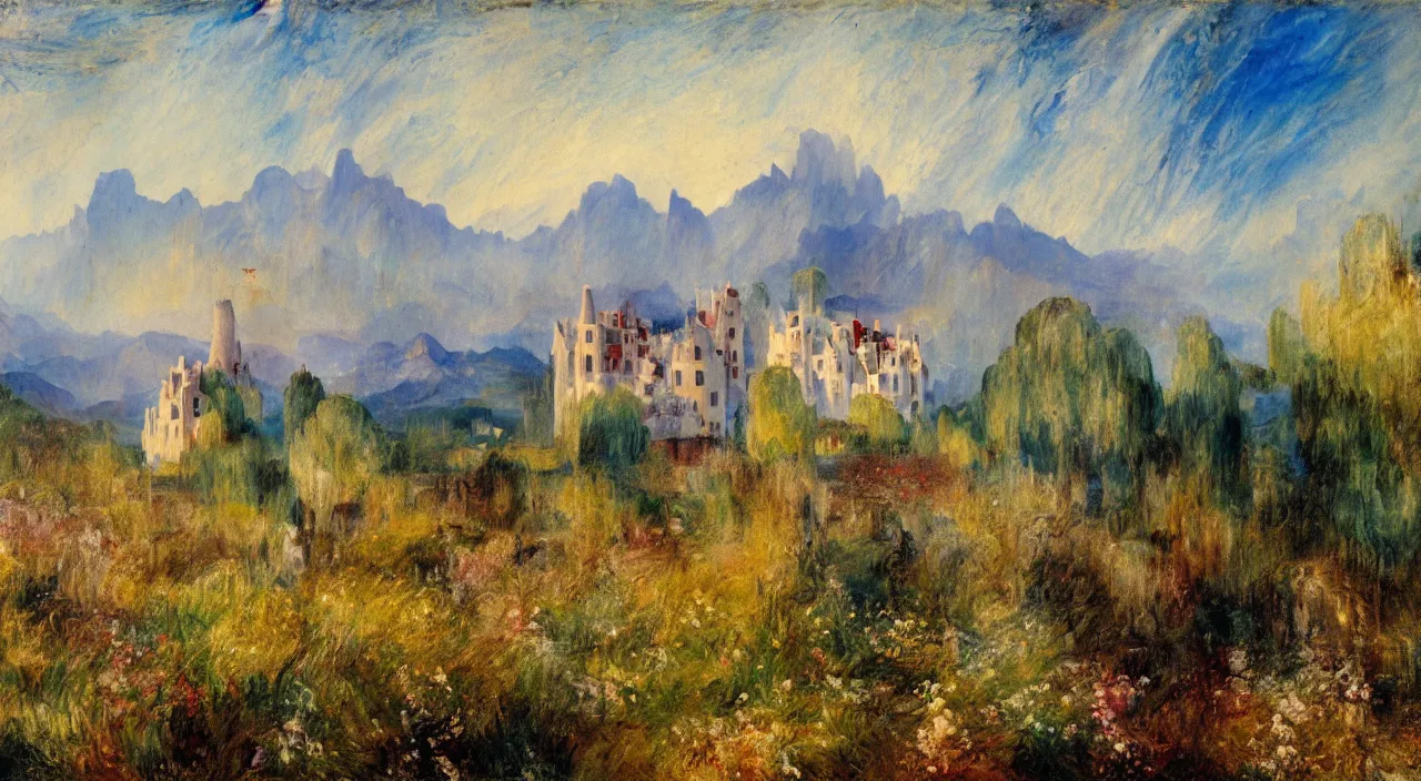 Prompt: a landscape painting of a house designed by Antoni Gaudí, with flower fields as foreground, with mountains as background, by J. M. W. Turner
