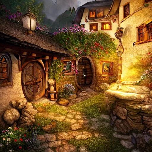 Prompt: my precious! - the hobbit - j. r. r. tolkien - a medieval village in switzerland, ornate, beautiful, atmosphere, vibe, flowers, concept art illustration, greg rutowski, volumetric lighting, sunbeams, particles