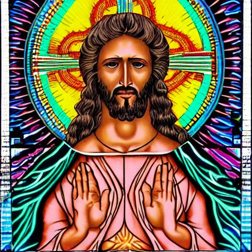 Image similar to psychedelic telepathic symmetric jesus christ in white robe floating art artgem mathematical maze patterns math rock