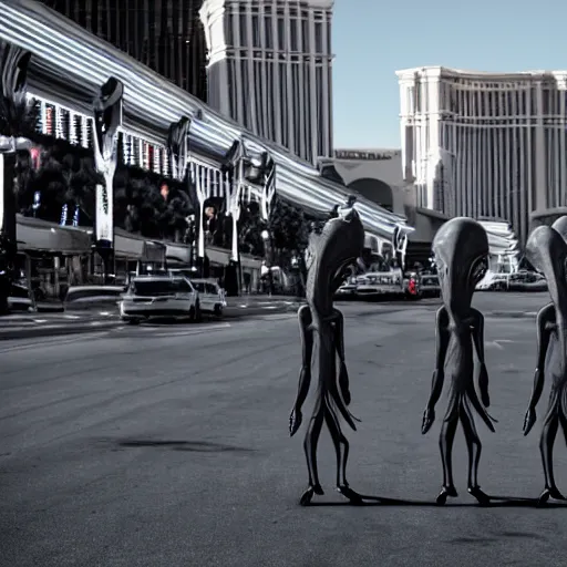 Prompt: actual photography of grey aliens walking along the Las Vegas strip, award winning, high def,