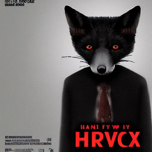 Prompt: blu-ray movie box cover for a horror movie featuring an anthropomorphic black fox dressed in casual clothing, dark and grainy
