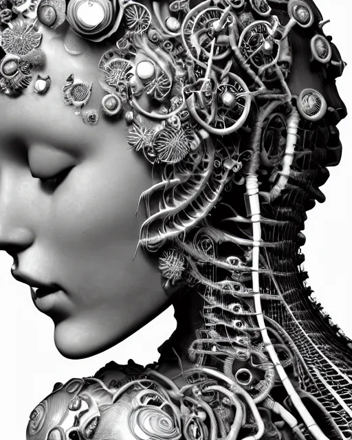 Image similar to mythical dreamy black and white organic bio-mechanical spinal ribbed profile face portrait detail of translucent steampunk beautiful female angelic-human-queen-vegetal-cyborg, highly detailed, intricate trnaslucent ivy jelly ornate, poetic, translucent roses ornate, 3D render, digital art, octane render, 8K artistic photography, photo-realistic, by Dora Maar