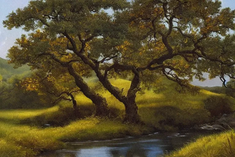 Image similar to masterpiece painting of oak trees on a hillside overlooking a creek, by gunnar widforss