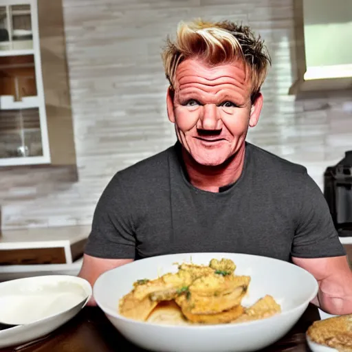 Prompt: Gordon Ramsay eating someone’s house