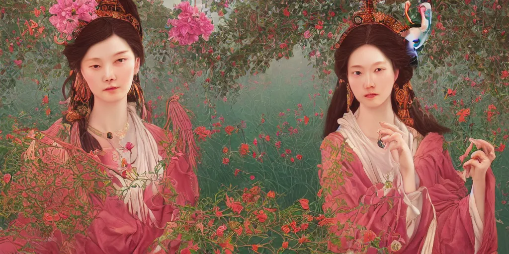 Image similar to breathtaking detailed concept art painting of the goddess of flamingo, orthodox saint, with anxious, piercing eyes, ornate background, amalgamation of leaves and flowers, by Hsiao-Ron Cheng and John James Audubon, extremely moody lighting, 8K