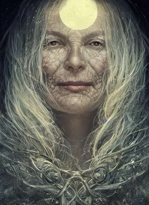 Image similar to golden moon at background, creative!!! composition for a book cover, absurdly beautiful, ultrafine hyperrealistic detailed old witch face by wlop and artgerm and greg rutkowski, intricate linework, sharp focus, smooth, octopath traveler, final fantasy, unreal engine, dramatic lighting, ethereal, 8 k