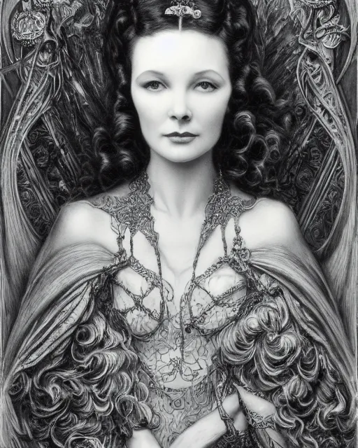 Prompt: matte portrait beautiful vivien leigh, steampunk gown, detailed and intricate by jean delville, gustave dore and marco mazzoni, colorful art nouveau, symbolist, visionary, gothic, pre - raphaelite