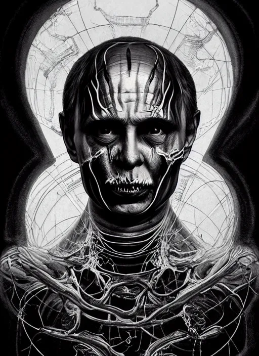 Prompt: a dream portrait of putin as god of the death, black & white, melting, webbing, 8 k, by tristan eaton, stanley artgerm, tom bagshaw, greg rutkowski, carne griffiths, ayami kojima, beksinski, giger, trending on deviantart, face enhance, hyper detailed, minimalist, horror, alien