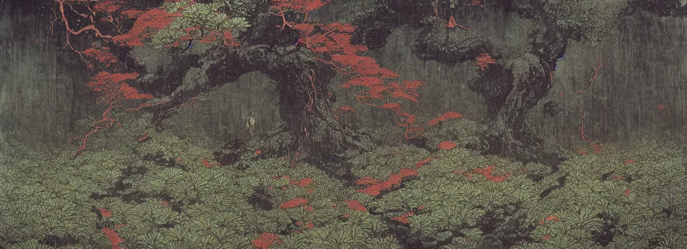 Prompt: huge bonsais in an otherworldly forest, katsushika hokusai, beksinski, high details, colorful, midnight, eerie