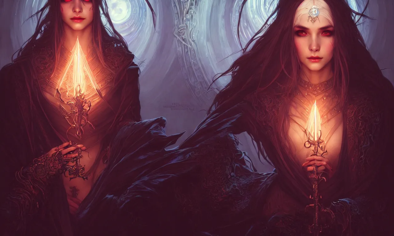 Image similar to Necromancer Sorceress in center, fantasy magic, undercut hairstyle, dark light night, intricate, elegant, sharp focus, illustration, highly detailed, digital painting, concept art, matte, art by WLOP and Artgerm and Greg Rutkowski and Alphonse Mucha, masterpiece