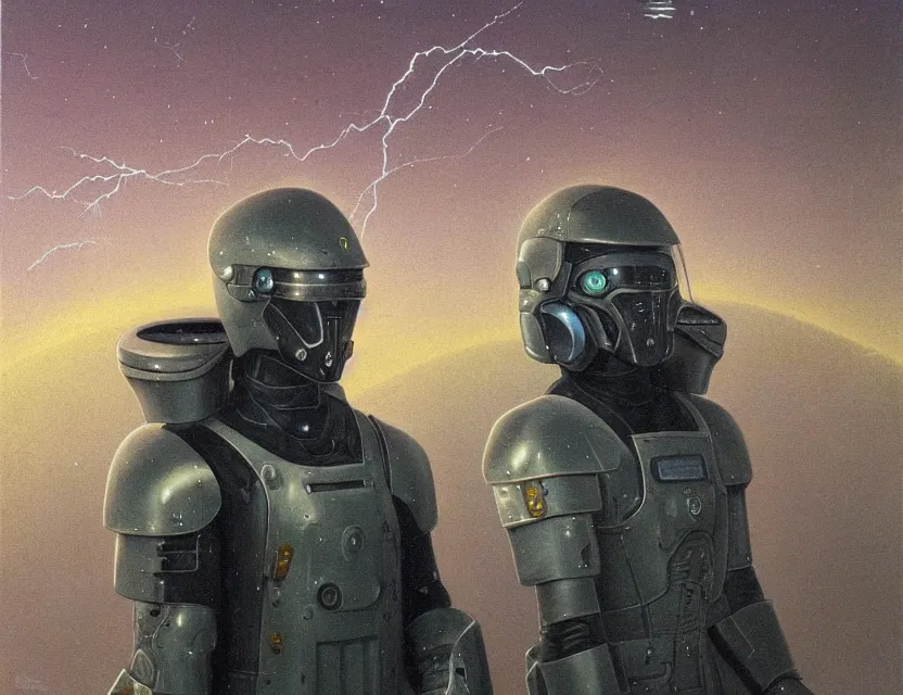 Image similar to a detailed portrait painting of a lone bounty hunter wearing combat armour and a reflective visor. Head and chest only. Movie scene, cinematic sci-fi scene. Flight suit, cloth and metal, accurate anatomy. portrait symmetrical and science fiction theme with lightning, aurora lighting. clouds and stars. Futurism by beksinski carl spitzweg moebius and tuomas korpi. baroque elements. baroque element. intricate artwork by caravaggio. Oil painting. Trending on artstation. 8k