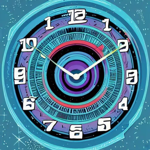 Image similar to centred clock arrow colourful scifi illustration art by tim doyle