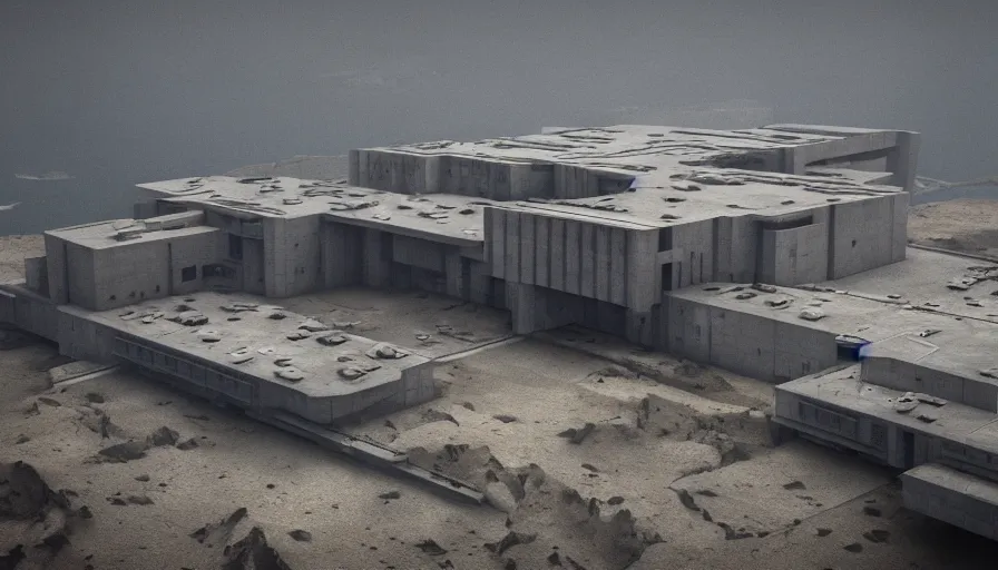 Image similar to big brutalist imperial military base on cliffs, drawing architecture, very long shot, top angle, imperial architecture in rogue one, pritzker architecture prize, brutalism architecture, jan urschel, greig fraser