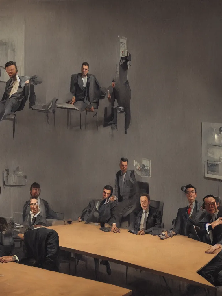Image similar to a portrait of men in suits with tie sitting on a large table and discussing the world in a painting from stalenhag, 4 k, 8 k, hdr, artstation, concept art
